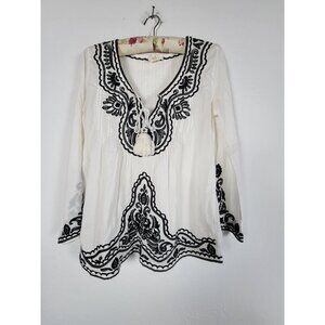 Sophie Max Boho Embroidered Peasant Tunic Top White/Black Long Sleeve Small